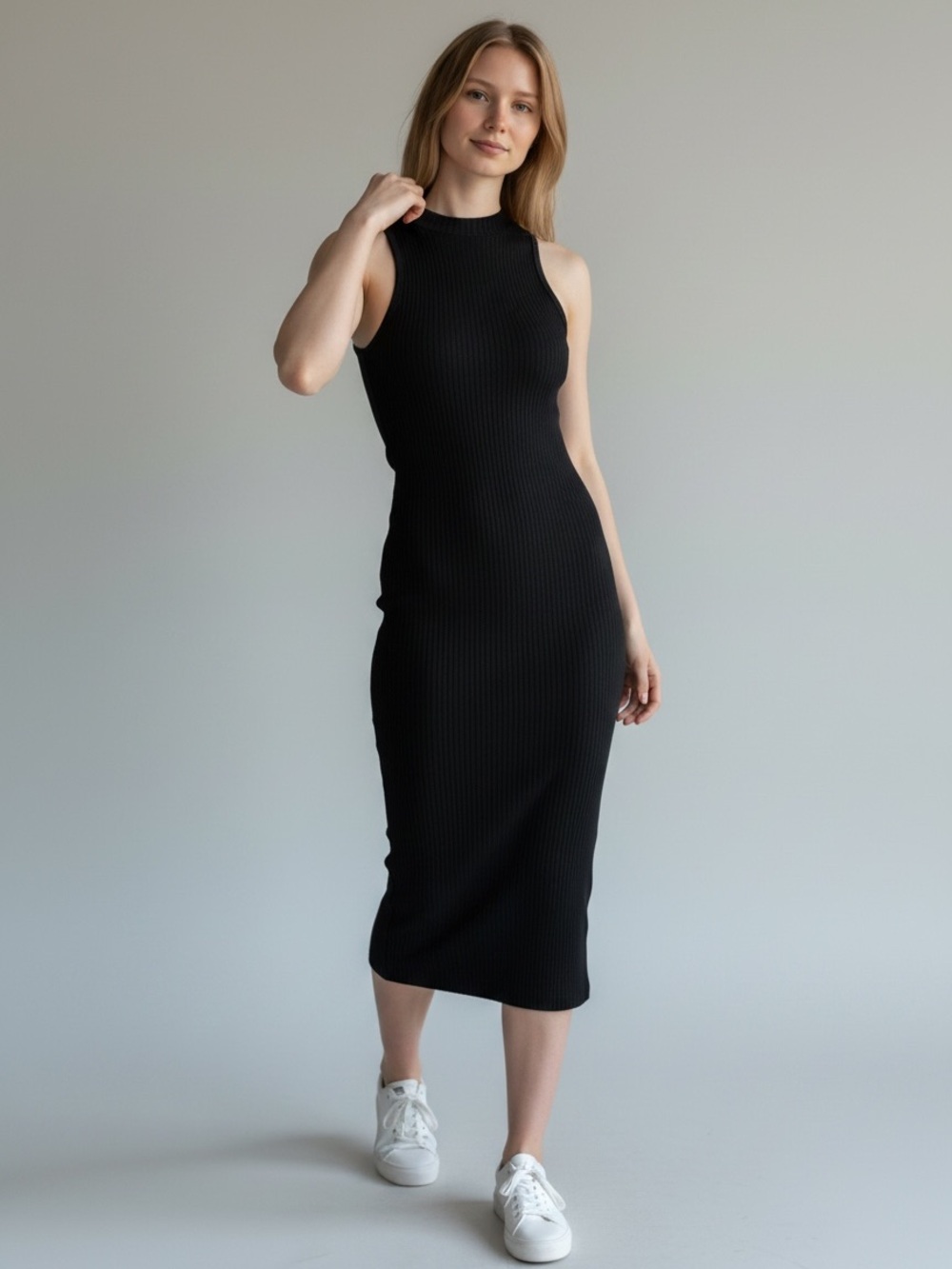 SOLID & STRIPED Varena Black Sleeveless Ribbed Midi Dress